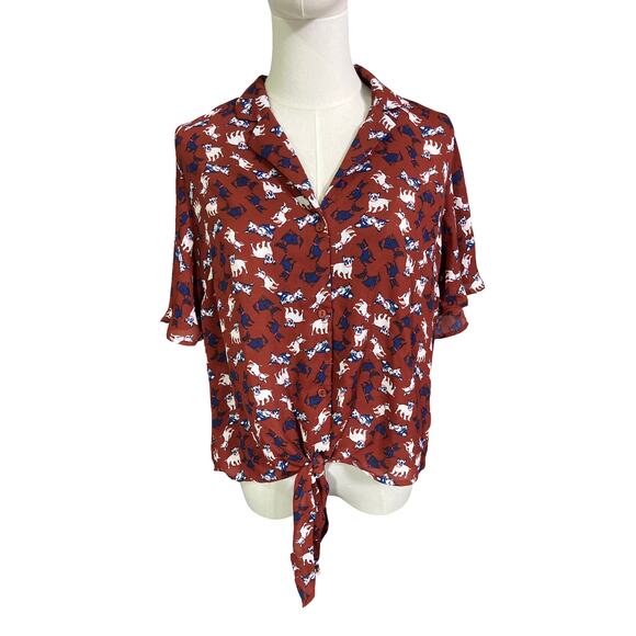 Monteau Dog Print Tie Front Blouse Rust Red Size L NWT - Picture 1 of 8